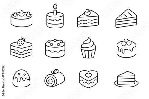 Cake and dessert line icon set. Vector outline symbols for bakery, pastry shop, and sweets. Birthday celebration, cupcake, slice piece, and heart shape. Minimalist food pictograms.