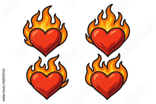 Burning heart in flames vector illustration. Symbol of passion, intense love, hot desire, and fiery romance. Sacred heart icon concept. Cartoon sticker or decal design set.