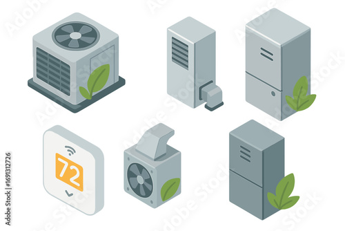 Isometric HVAC system set with smart thermostat for energy efficiency. Vector icons of heating, cooling, and ventilation equipment. Green energy home climate control concept.