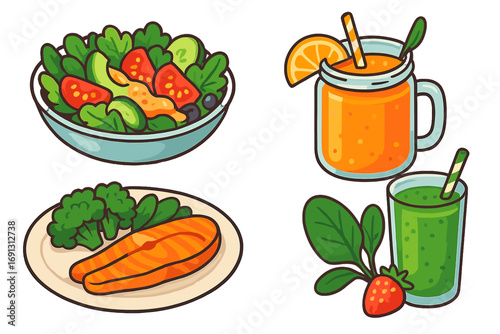 Healthy food illustration set. Clean eating concept. Salmon fish, vegetable salad, fresh orange juice, green smoothie. Diet, nutrition, organic meal vector cartoon icons.