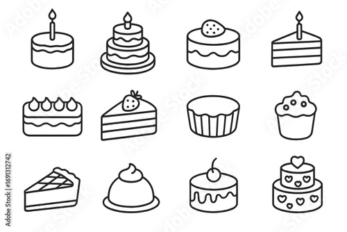 Cake and dessert line icon set. Bakery, pastry, and sweet food symbols. Vector outline pictogram collection for celebration, birthday, or wedding. Editable stroke illustration.