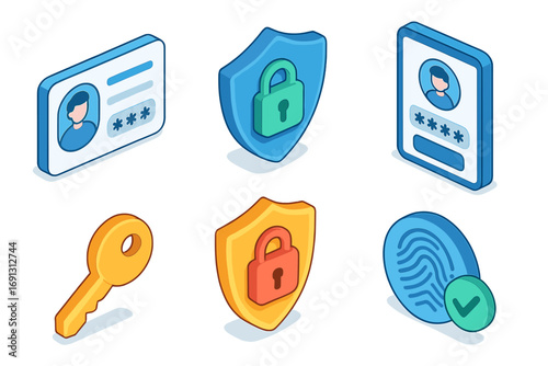 Isometric identity and security icon set for digital apps. User authentication, login, password, key, fingerprint verification. Vector illustration for cyber data privacy concept.