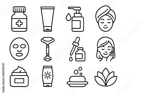 Skincare and beauty line icon set for cosmetology and dermatology. Health, spa and wellness routine essentials. Vector icons for cream, serum, lotion, facial mask and suncare.