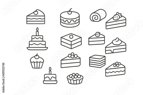 Cake and dessert line icon set. Pastry, bakery, and sweet food symbols. Vector outline graphic for birthday cake, cupcake, pie, and slice. Editable stroke for web and apps.