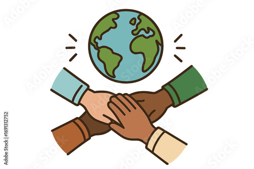 Diverse hands holding together symbolizing unity, teamwork, and global community. Concept for support, collaboration, multicultural partnership, peace and saving the planet.