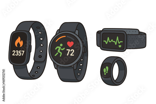 Smart health tracking devices set. Wearable technology for fitness with smartwatch, smart ring, and tracker. Monitor for heart rate, calories burned, and steps. Vector icons.
