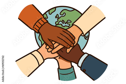 Diverse hands together symbolizing support, community, and global collaboration. Multicultural teamwork, partnership concept. Unity in diversity vector illustration with planet earth.