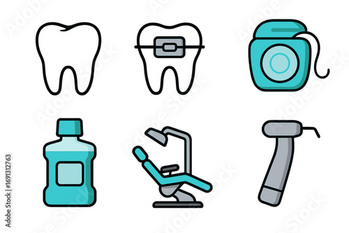 Dental care icons set with tooth, braces, floss, mouthwash, dental chair, and drill. Vector cartoon illustration for dentistry, oral hygiene, and stomatology. Orthodontics.
