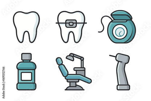 Dental care icons set. Vector cartoon illustration of dentistry and oral hygiene elements. Includes tooth, braces, floss, mouthwash, dentist chair and drill equipment.