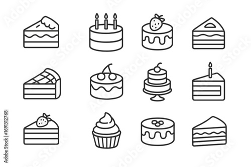 Sweets and desserts thin line icon set. Collection of vector outline cakes, pastries, pie and cupcake symbols for birthday party, wedding or bakery. Editable stroke icons.