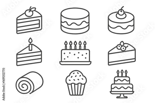 Cake and dessert thin line icon set. Sweet pastry, bakery symbols. Birthday cake, wedding cake, cupcake, swiss roll, slice. Vector illustration with editable stroke for web design.