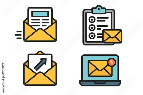 Vector icon set for email marketing. Cartoon illustrations for digital newsletter campaign, subscriber list management, open rate metrics, and new message notification.