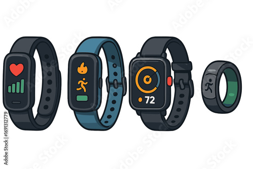 Set of wearable technology for health. Smartwatch, fitness tracker and smart ring. Gadget for sport and activity monitoring. Heart rate, calorie and step counter icon. Vector.