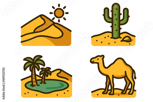 Desert and oasis icon set collection. Filled line cartoon vector graphics of Sahara elements. Includes sand dune, sun, cactus, palm tree, and camel illustrations.