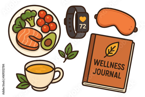 Healthy lifestyle and self-care elements. Nutritious food, fitness tracker, sleep mask, wellness journal and herbal tea for a balanced routine. Vector icon set illustration.