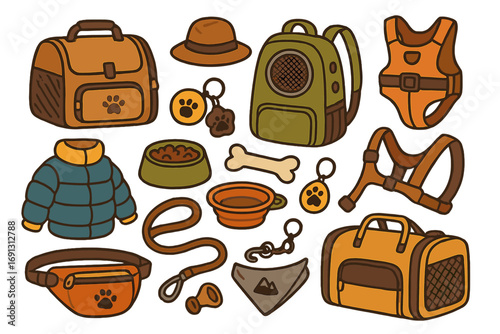 Pet travel essentials set. Dog hiking adventure gear. Vector cartoon illustration. Stylish carrier, backpack, harness, leash, jacket, bowl. Pet lover accessories isolated.