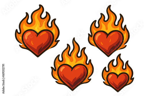 Hearts on fire vector icon set. Burning heart cartoon illustration. Symbol of passion, love, desire, and intensity. Flaming hot romance emblem or sticker collection.
