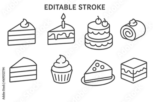 Cake line icon set. Pastry and sweet dessert outline symbols. Birthday cake, cupcake, pie slice, swiss roll vector illustration. Bakery, cafe menu elements. Editable stroke.