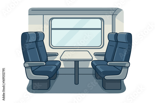 Train interior with empty seats and table. Public transport concept for travel and journey. Modern passenger railroad car compartment. Commuter train vector cartoon illustration.