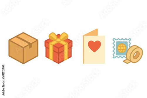 Care package vector icon set. Isometric icons for sending gifts, mail and parcels. Includes cardboard box, gift wrap, greeting card, postage stamp and packing tape.