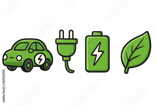 Eco-friendly icons with electric car, charging plug, battery, and leaf symbol. Green energy vector set for sustainable transport, EV charging station, and ecology concept.