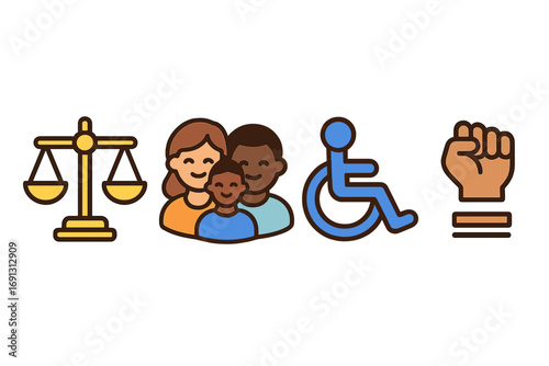 Justice scales, diverse family, wheelchair access, and raised fist icons. Vector set for equality, inclusion, social justice, civil rights, diversity, and accessibility concepts.