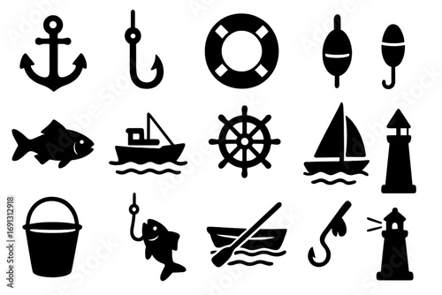 Nautical maritime icon set with fishing and boat silhouettes. Vector collection of sea symbols like anchor, ship wheel, lighthouse, fish, hook, and sailboat for design.