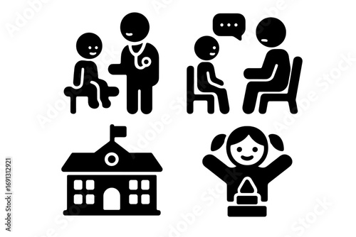 Child wellbeing solid icon set. Vector glyph symbols for kids health, medical checkup, doctor visit, therapy session, psychology, school education, playtime and development.