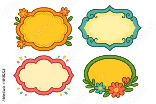 Collection of colorful floral frames and decorative labels. Empty tags and banners for text. Vector cartoon illustration set for scrapbooking, events, and party invitations.