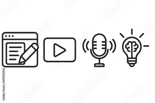 Content creation icon set for digital media marketing. Linear symbols for blog, video, podcast, and idea generation. Creative workflow, storytelling, branding vector pictograms.