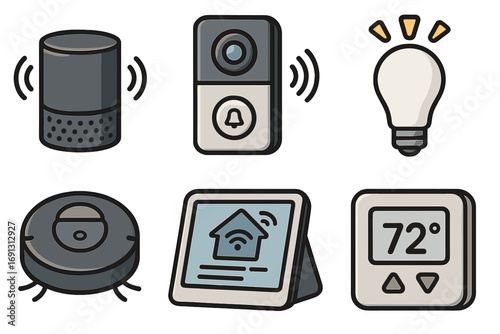 Smart home device icon set. Home automation technology vector illustration. Includes smart speaker, video doorbell, robot vacuum, thermostat, and lightbulb for modern living.