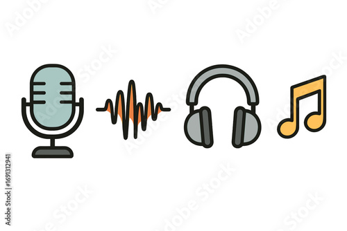 Podcast equipment icon set with microphone, sound wave, headphones, and music note. Vector illustration for audio recording, broadcasting, radio shows, and online streaming.