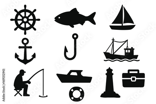 Nautical fishing silhouette icon set. Maritime boat and sea symbols collection. Fisherman, anchor, ship wheel, lighthouse, sailboat, fish hook vector graphic elements.
