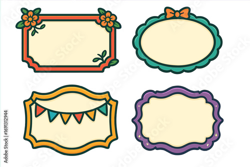 Decorative framed labels with vibrant designs for crafts or events. Vector cartoon sticker set. Cute blank name tags, vintage floral border, and party banner template.