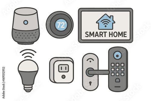 Smart home devices icon set for home automation. Vector illustration of Internet of Things gadgets like speaker, thermostat, lightbulb, plug, and door lock. Modern technology.