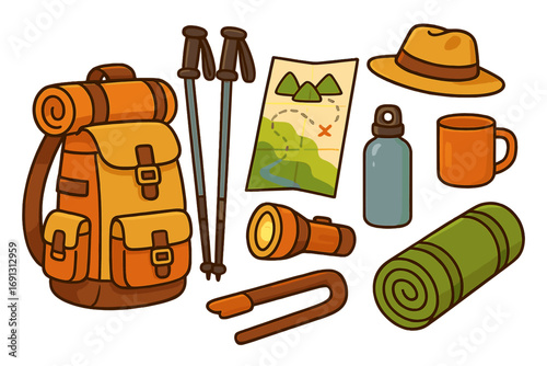 Hiking gear and camping equipment set. Outdoor adventure and exploration essentials. Vector cartoon illustration of backpack, map, trekking poles, flashlight. Isolated clipart.