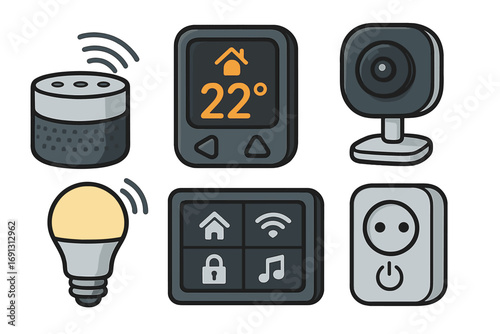 Smart home technology icon set. Vector icons for home automation system. IoT devices concept: smart speaker, thermostat, security camera, light, remote control, smart plug.