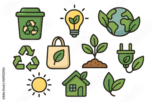 Eco-friendly icon set. Sustainability, recycling, and green living vector graphics. Ecology and conservation concept icons for environmental protection, renewable energy and earth day.