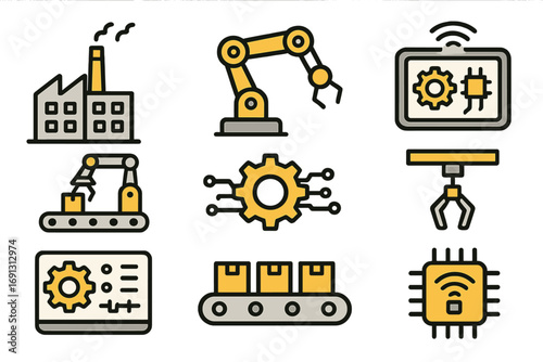 Industrial automation icon set. Factory robotics, smart technology, and manufacturing process elements. Vector symbols for production line, robotic arm, and industry 4.0.