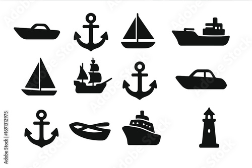 Nautical marine icon set silhouette. Vector collection of ship, boat, anchor, and lighthouse symbols. Sea travel and transport design elements. Sailing, yacht, and cruise graphics.