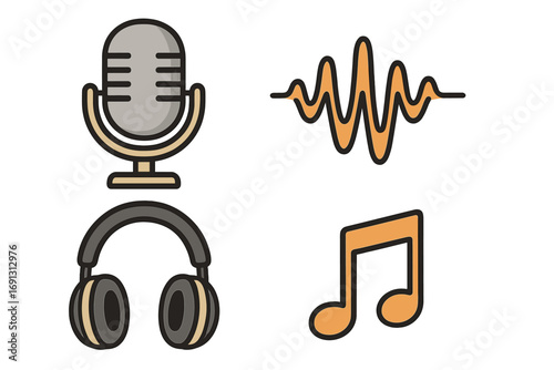 Podcasting equipment icon set with microphone, audio waveform, headphones, and music note. Vector cartoon illustration for radio show, broadcast, streaming, and sound recording.