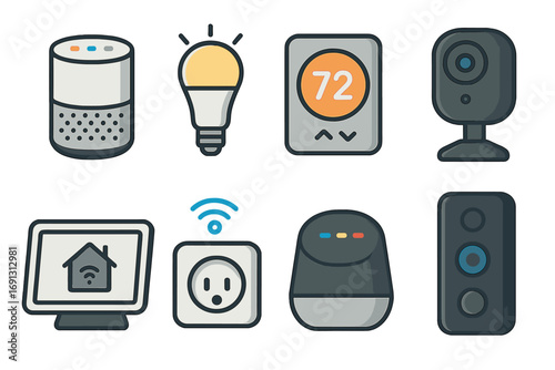 Smart home icon set vector. Internet of things collection. Home automation technology outline icons. Smart house gadget symbols. Speaker, lightbulb, thermostat, camera.