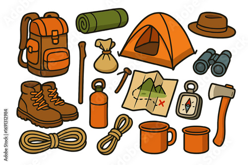 Hiking gear and camping equipment icon set. Outdoor adventure and exploration essentials. Vector cartoon illustration of backpack, tent, map, compass, boots, and axe.