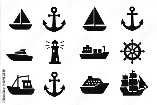 Nautical marine icon set. Sea symbols silhouette collection. Vector ship, boat, anchor, lighthouse, sailboat, yacht, cargo ship, cruise ship, helm, fishing boat illustration.