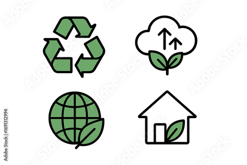 Ecology icon set. Green living, sustainability symbols. Recycle sign, CO2 emissions reduction, eco house, green planet earth concepts. Minimalist vector illustration collection.