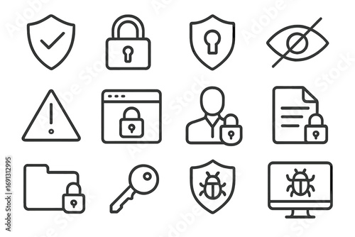 Cyber security and data protection line icon set. Vector symbols for internet privacy, antivirus, and network safety. Includes padlock, shield, key, and virus bug icons.