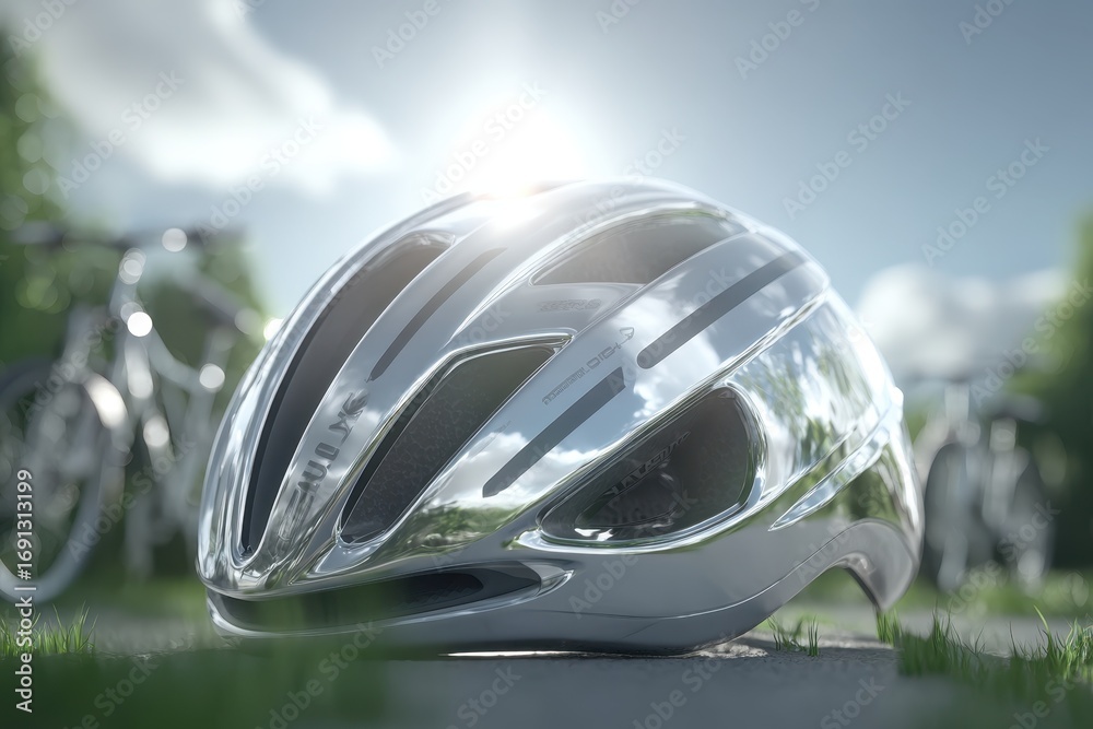 Fototapeta premium A shiny metallic cycling helmet resting on a path with blurred bikes outdoors.