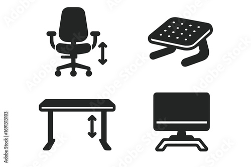 Ergonomic office furniture icon set for correct posture and workplace wellness. Vector glyphs of adjustable chair, sit-stand desk, footrest, and monitor stand illustration.