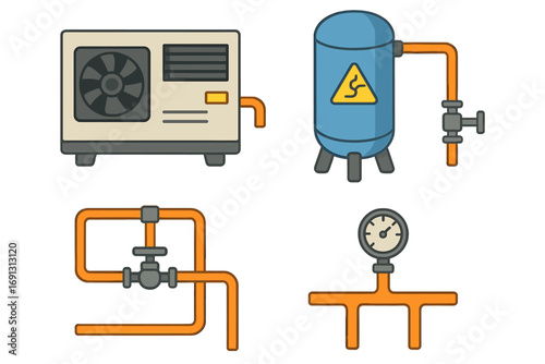 Compressed air system utility icon set. Vector flat illustration of industrial equipment. Air compressor, pressure tank, pipeline with valve and manometer gauge. Pneumatic tool.