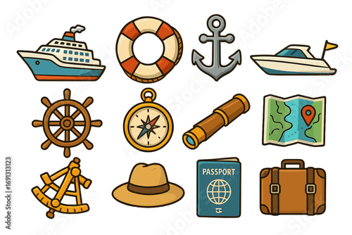 Nautical travel icon set for cruise and sea journey. Vector cartoon collection with ship, anchor, compass, passport, map, and luggage. Maritime and vacation concept symbols.